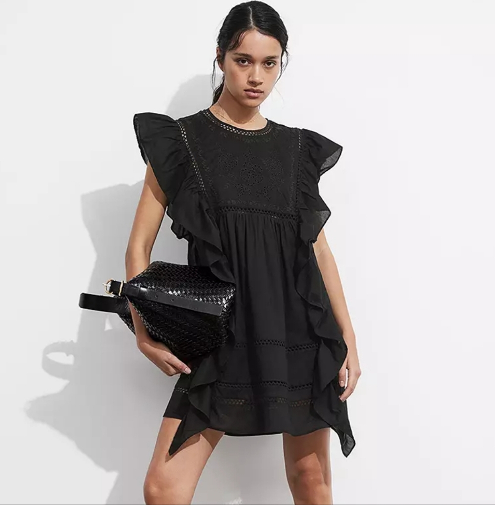 &Other Stories‎ Embroidered Ruffle Mini Dress Black Size 4 Cotton